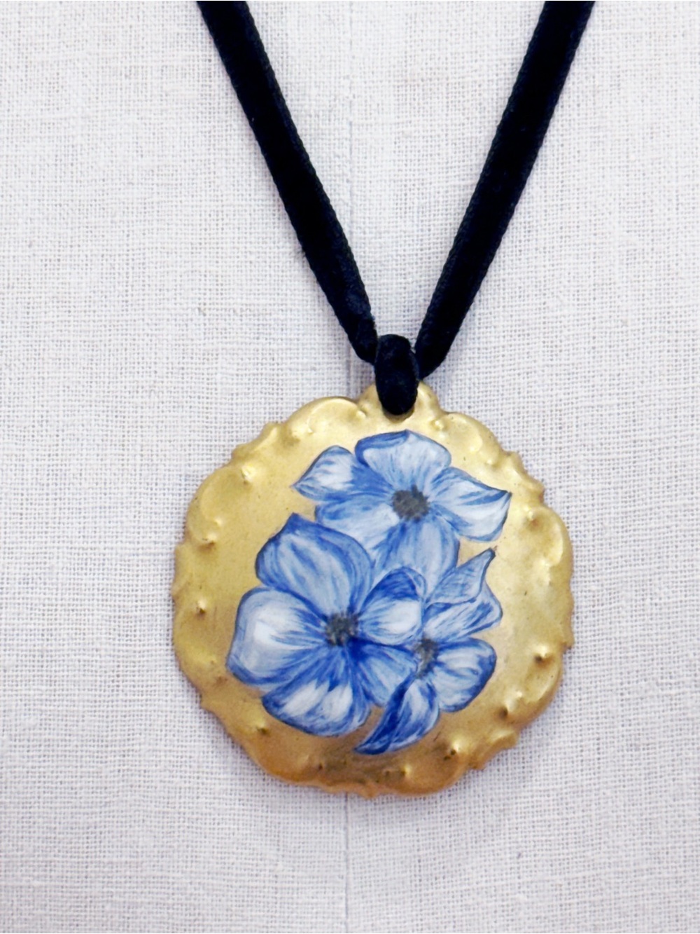 Vintage hand painted gold blue white floral medallion necklace one of a kind